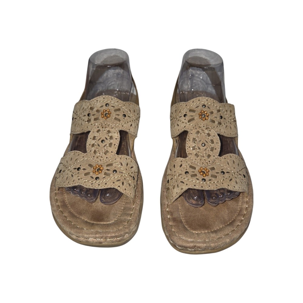 Earth Spirit Sandals Women 9 Tan Willow Slingback Leather Laser Cut Beaded Boho
